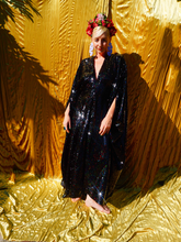 Load image into Gallery viewer, Petrol Black Holographic Sequin Maxi Kaftan Gown / Mini Kaftan / Kimono Robe

