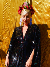 Load image into Gallery viewer, Petrol Black Holographic Sequin Maxi Kaftan Gown / Mini Kaftan / Kimono Robe
