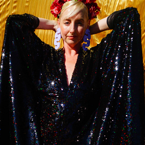 Holographic Petrol Black Metallic Sequin Kaftan Gown, Freesize