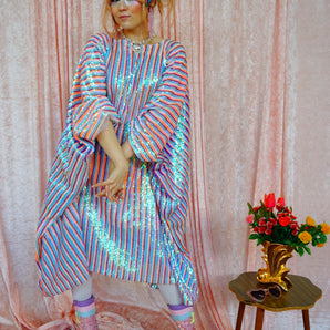 Retro Iridescent Vertical Striped Print midi Kaftan Gown