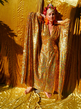 Load image into Gallery viewer, Gold Holographic Sequin Maxi Kaftan Gown / Mini Kaftan / Kimono Robe
