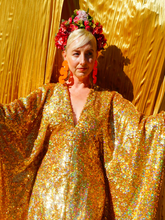 Load image into Gallery viewer, Gold Holographic Sequin Maxi Kaftan Gown / Mini Kaftan / Kimono Robe
