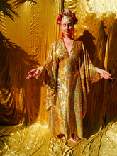Load image into Gallery viewer, Gold Holographic Sequin Maxi Kaftan Gown / Mini Kaftan / Kimono Robe

