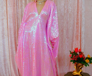 Pink Shimmering Sequinned V-Neck Maxi Kaftan Gown