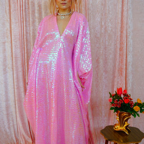 Pink Shimmering Sequinned V-Neck Maxi Kaftan Gown