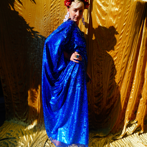 Holographic Royal Blue Metallic Sequin Kaftan Gown, Freesize