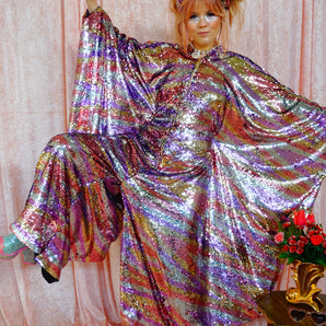 Ziggys Crush - Blush Pink, Silver, Gold, and White flip Print Kaftan Jumpsuit