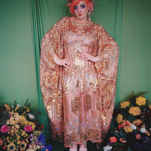 Athena in Apricot Dripping Jewels Slash Neck Sequin Kaftan Maxi Gown