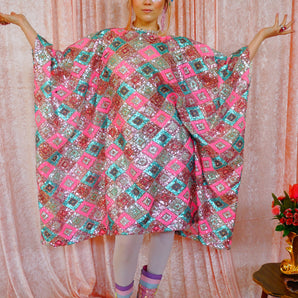 Pink and Blue Sequinned Geometric Diamond Print Kaftan Mini