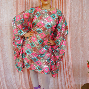 Pink and Blue Sequinned Geometric Diamond Print Kaftan Mini