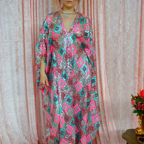 Pink and Blue Sequinned Geometric Diamond V-Neck Maxi Kaftan Gown