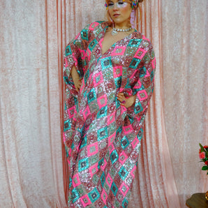 Pink and Blue Sequinned Geometric Diamond V-Neck Maxi Kaftan Gown