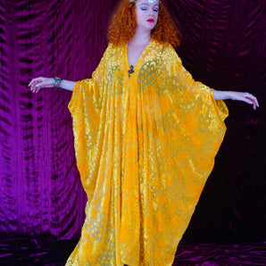 Devore flocked velvet yellow patterned bejewelled V-neck Kaftan Gown