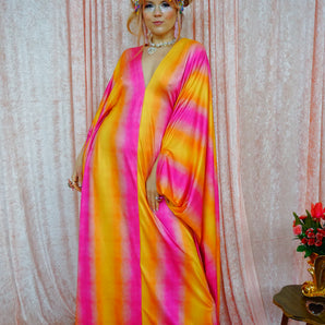 Sunset Striped Pattern V-Neck slinky Kaftan Gown