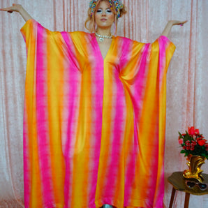 Sunset Striped Pattern V-Neck slinky Kaftan Gown