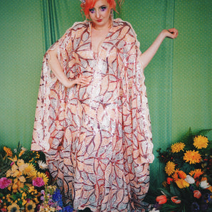 So Art Deco Salmon Silver Pink Sequin Kaftan Gown