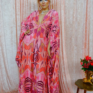 Opulent Velvet Pink Psychedelic Floral and Geometric V Neck Kaftan Gown