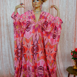 Pink Psychadelic Floral and Geometric Opulent Velvet V-Neck Kaftan Gown