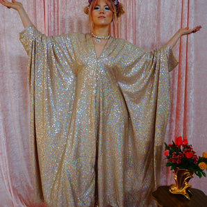 Champagne Shimmer Sequin V Neck Kaftan Gown, Freesize