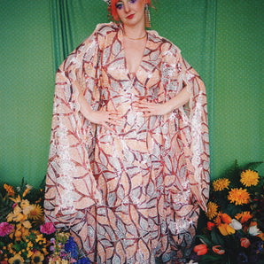So Art Deco Salmon silvers pink sequin kaftan gown