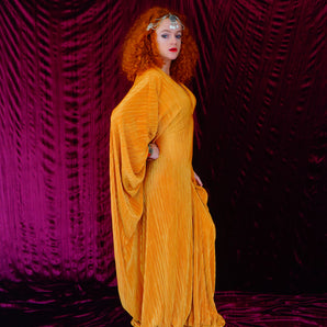 Mustard Gold Plissè V-neck Kaftan Gown