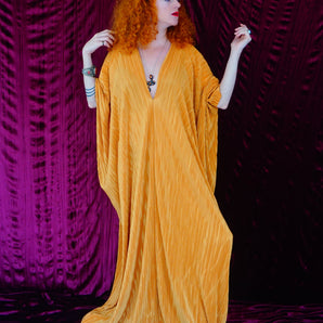 Mustard Gold Plissè V-neck Kaftan Gown