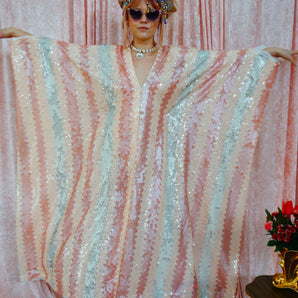 Pastel pink Zig-Zag Striped V-Neck Maxi Kaftan Gown