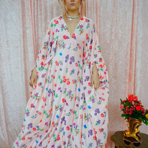 Opulent Velvet Floral Folk Print V Neck Kaftan Gown, Freesize