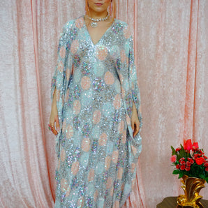 Pastel Polka Dot Pattern V-Neck Maxi Kaftan Gown