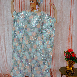 Pastel Polka Dot Pattern Round Neck Maxi Kaftan Gown