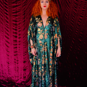 Emerald Green sequin and iridescent flowers Kaftan Gown