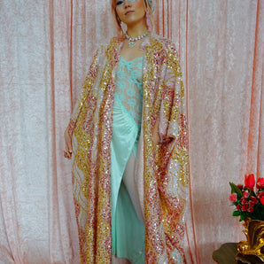 Pale Peachy Pink and Gold Fuzzy Sequin Eyelash Kaftan/Robe