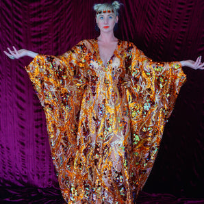 Aphrodite dripping Gold, bronze, orange, iridescent sequin Kaftan Gown