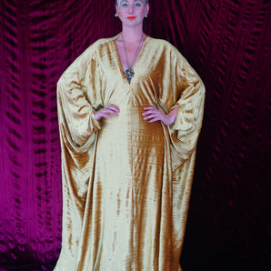 Gold Yellow Crinkle Velvet Kaftan Gown