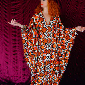 Orange cream and brown Geometric Print Kaftan Gown