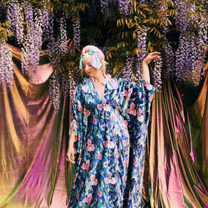 Opulent Velvet and Khaki Midnight Rose Bloom V-Neck Kaftan Gown