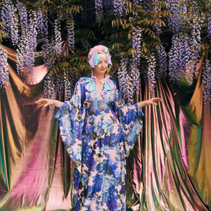 Blue Angels and Flowers V-Neck Kaftan Gown