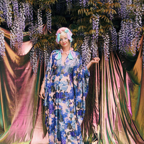 Blue Angels and Flowers V-Neck Kaftan Gown