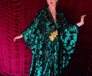 Divine Green velvet and gold sequin batwing Kaftan Gown