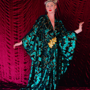 Divine Green velvet and gold sequin batwing Kaftan Gown