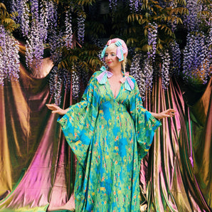 Opulent Velvet Water Garden lily pads V-Neck Kaftan Gown