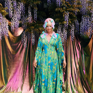 Opulent Velvet Water Garden lily pads V-Neck Kaftan Gown