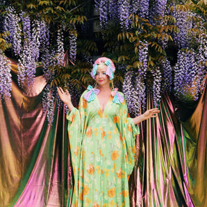 Opulent Velvet Orange Bloom V-Neck Kaftan Gown