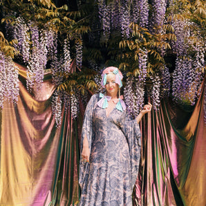 Pink and Grey-Blue Slinky Paisley Print V-Neck Kaftan Gown