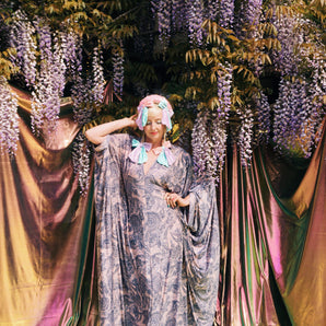 Slinky Paisley Blue, Pink and Grey V-Neck Kaftan Gown, Freesize