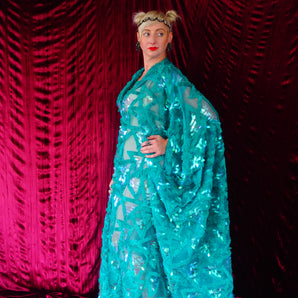 Semi Sheer Teal Green iridescent sequin triangles Kaftan Gown