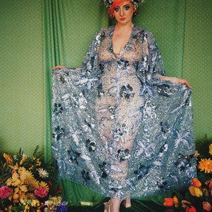 Silver Moon Flowers Sequin Kaftan Gown