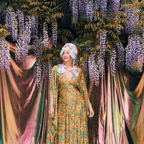 Golden Meadow Print V-Neck Kaftan Gown