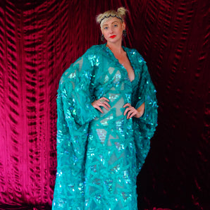 Semi Sheer Teal Green iridescent sequin triangles Kaftan Gown