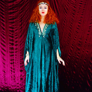 Crushed green velvet V-neck Kaftan Gown